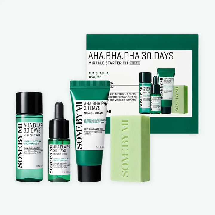 SOME BY MI AHA BHA PHA 30 Days Miracle Starter Kit with Miracle Cleansing Bar, Toner, Serum, and Cream.