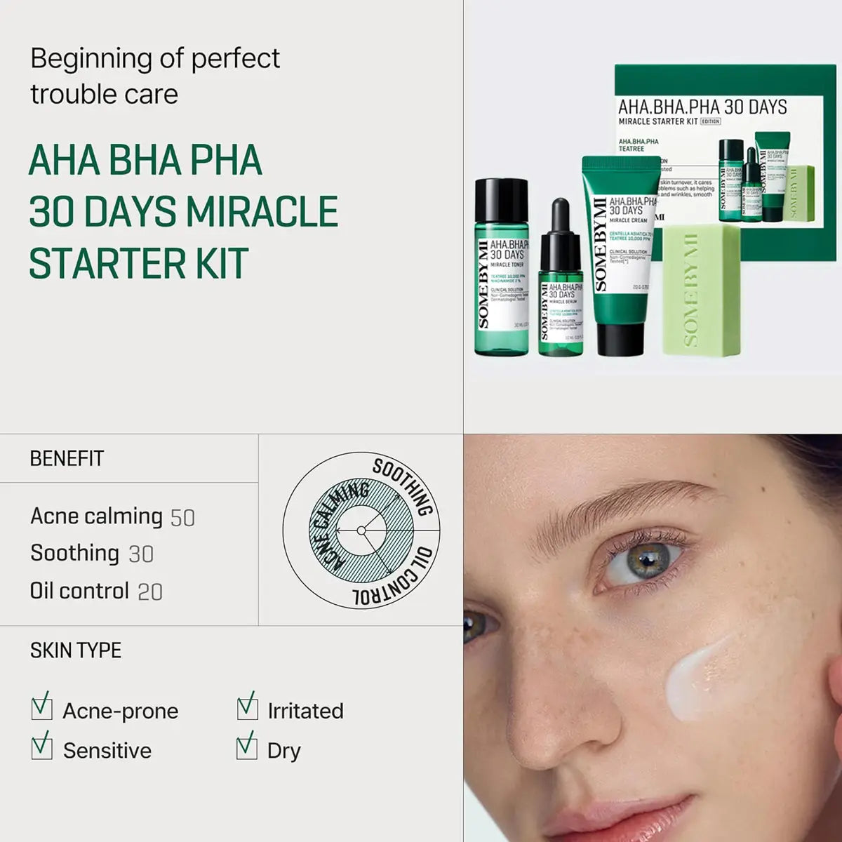 SOME BY MI AHA BHA PHA 30 Days Miracle Starter Kit with skincare products for acne-prone and sensitive skin.
