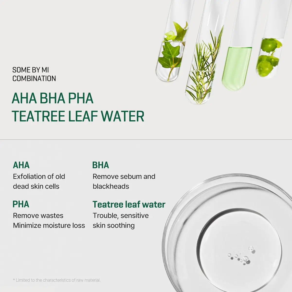 SOME BY MI AHA BHA PHA 30 Days Miracle Starter Kit ingredients, including Teatree Leaf Water for sensitive skin.