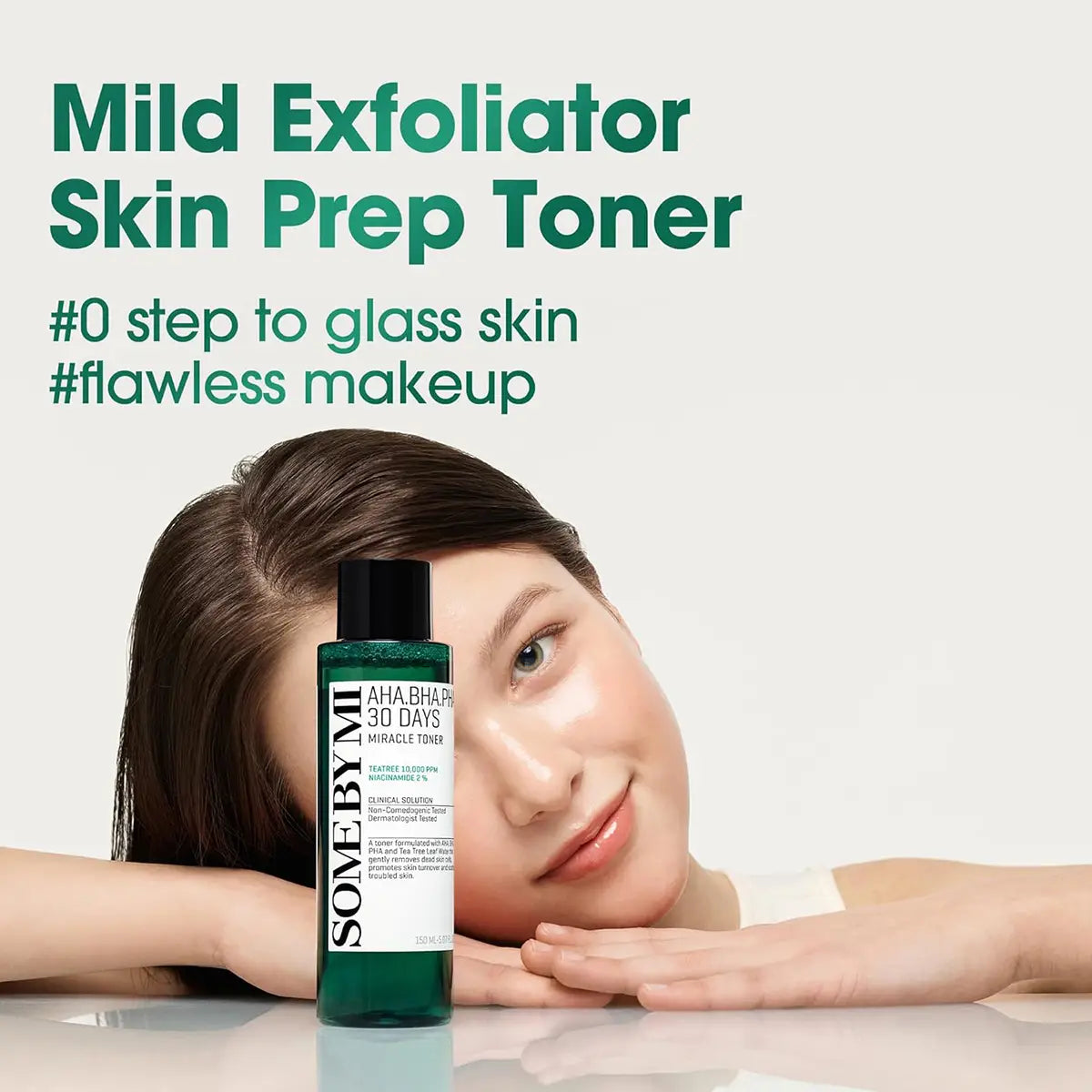 SOME BY MI AHA BHA PHA 30 Days Miracle Toner 150mL with model highlighting glowing skin and flawless makeup.