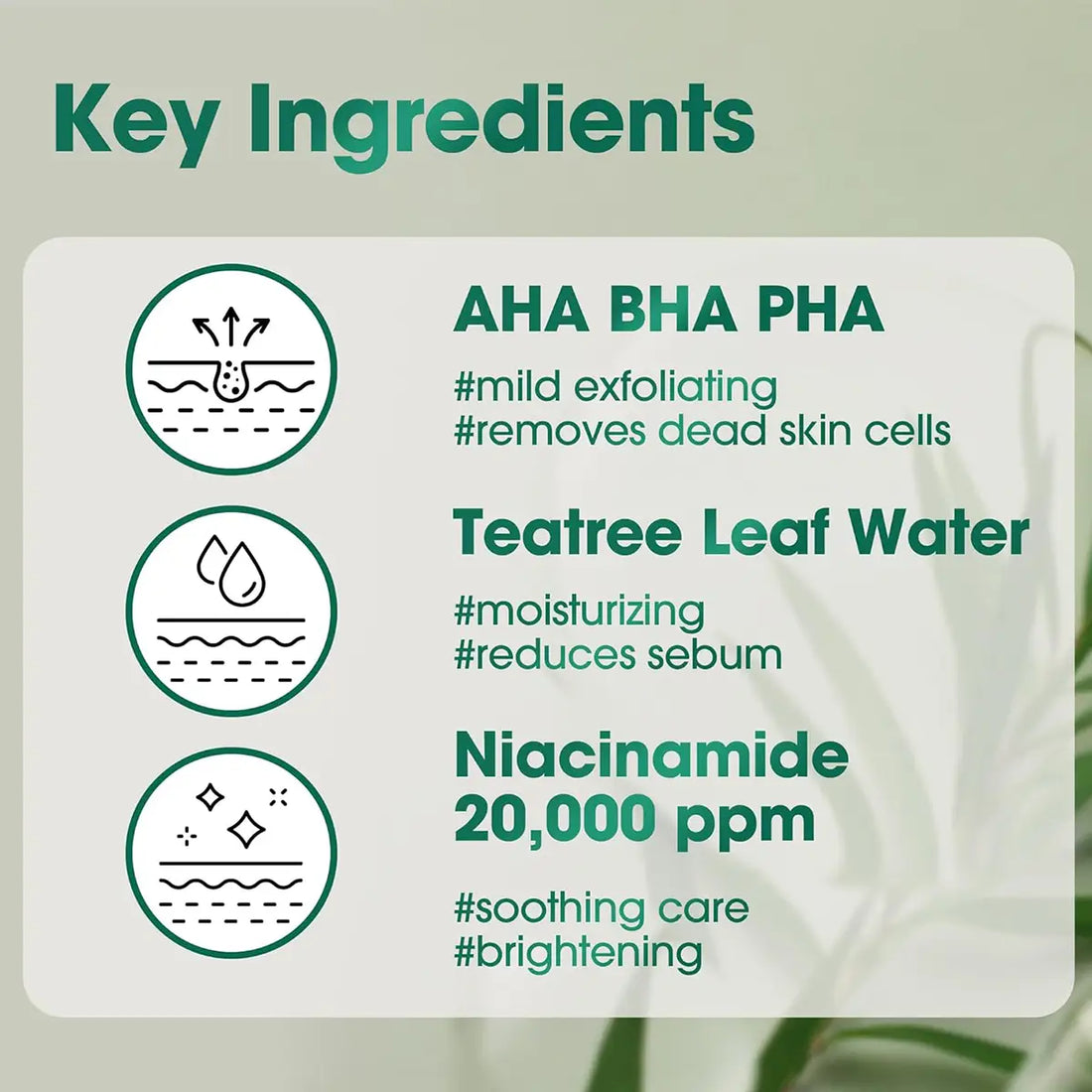 Key ingredients of SOME BY MI AHA BHA PHA 30 Days Miracle Toner including AHA BHA PHA, Tea Tree Leaf Water, and Niacinamide.