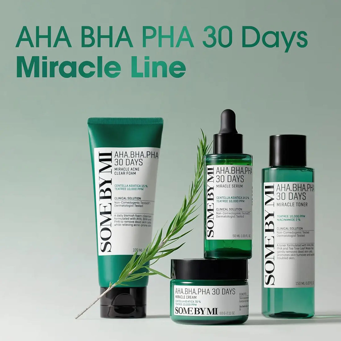 SOME BY MI AHA BHA PHA 30 Days Miracle Toner 150mL and related skincare products displayed together.