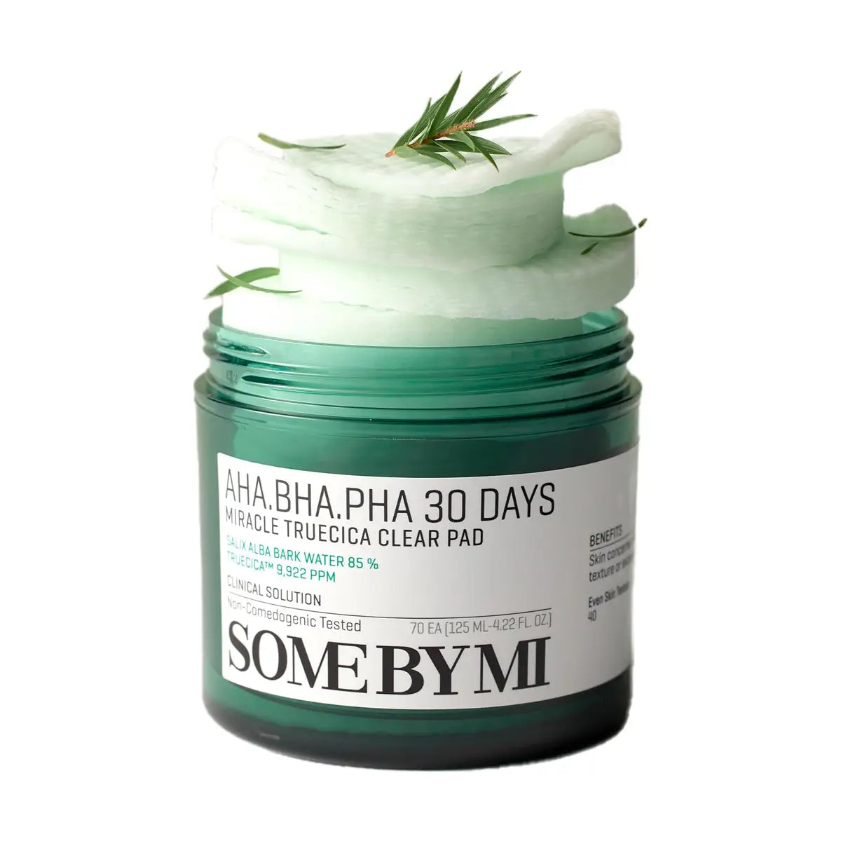 SOME BY MI AHA BHA PHA 30 Days Miracle Truecica Clear Pad 70 Pads 125mL in green jar with toner pads.