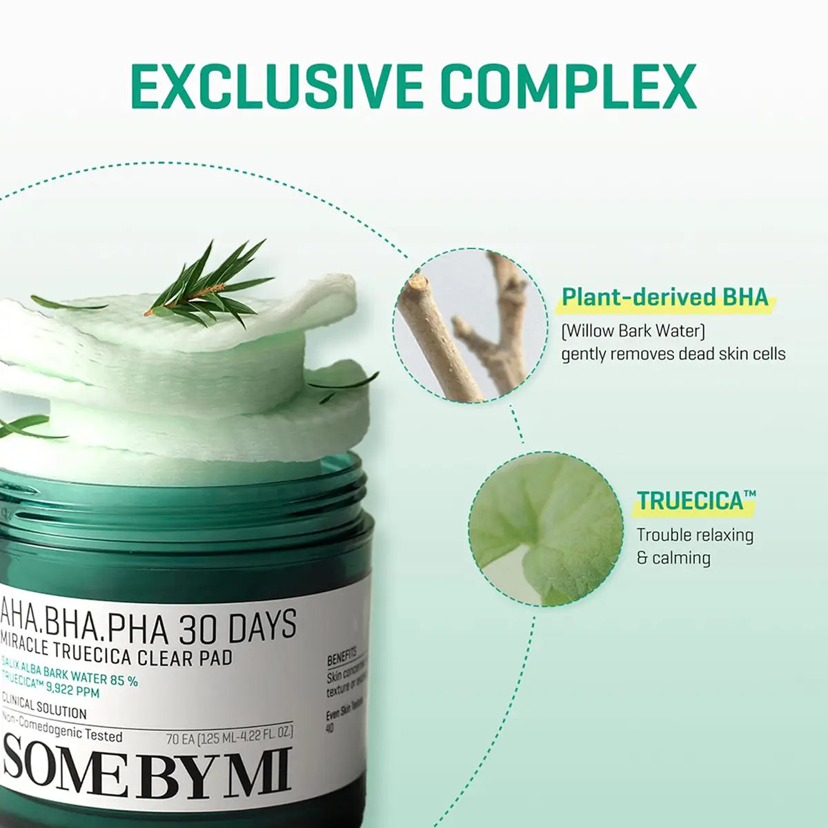 SOME BY MI AHA BHA PHA 30 Days Miracle Truecica Clear Pad 70 Pads 125mL with plant-derived BHA and Truecica for clearer skin.
