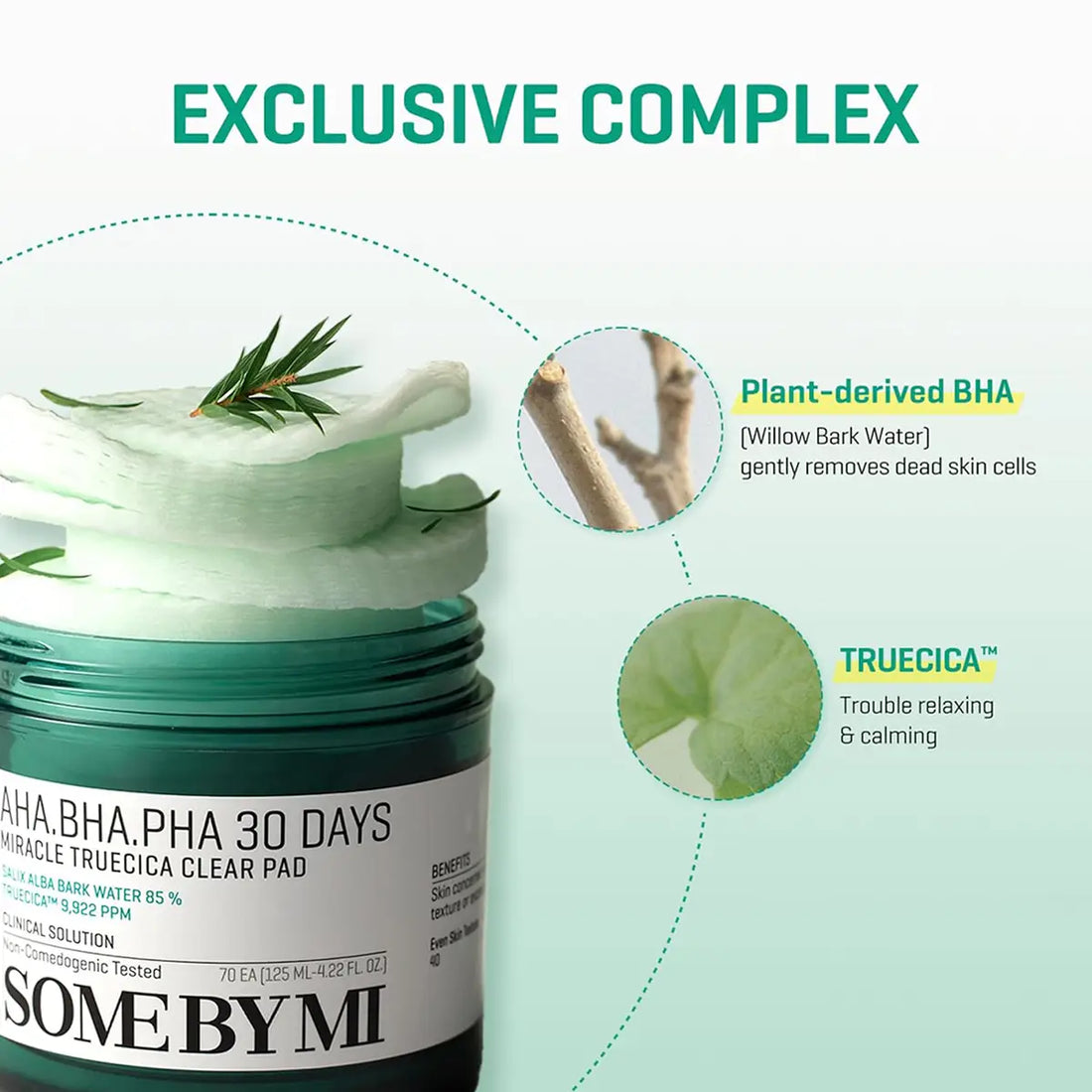 SOME BY MI AHA BHA PHA 30 Days Miracle Truecica Clear Pad 70 Pads 125mL with plant-derived BHA and Truecica for clearer skin.