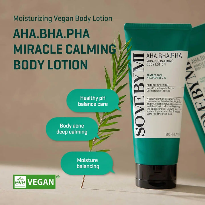 SOME BY MI AHA BHA PHA Miracle Calming Body Lotion 200mL with moisturizing vegan formula and key benefits.