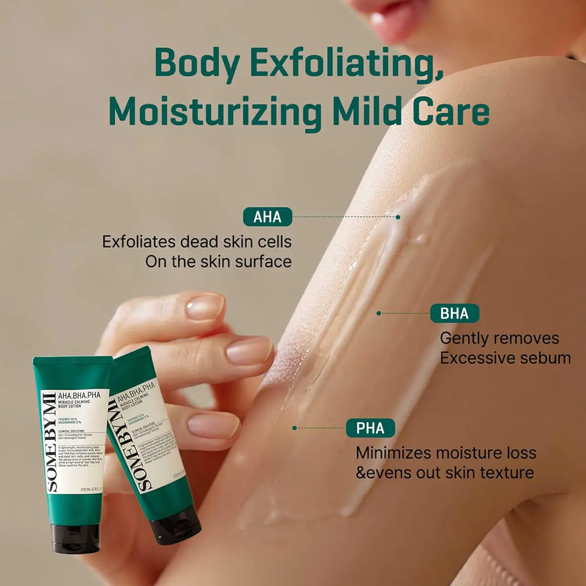 SOME BY MI AHA BHA PHA Miracle Calming Body Lotion 200mL on skin, showcasing exfoliation and moisturizing benefits.