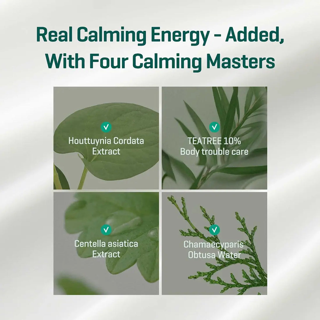 Houttuynia Cordata Extract, Tea Tree, Centella Asiatica, Chamaecyparis Obtusa Water in calming body lotion.
