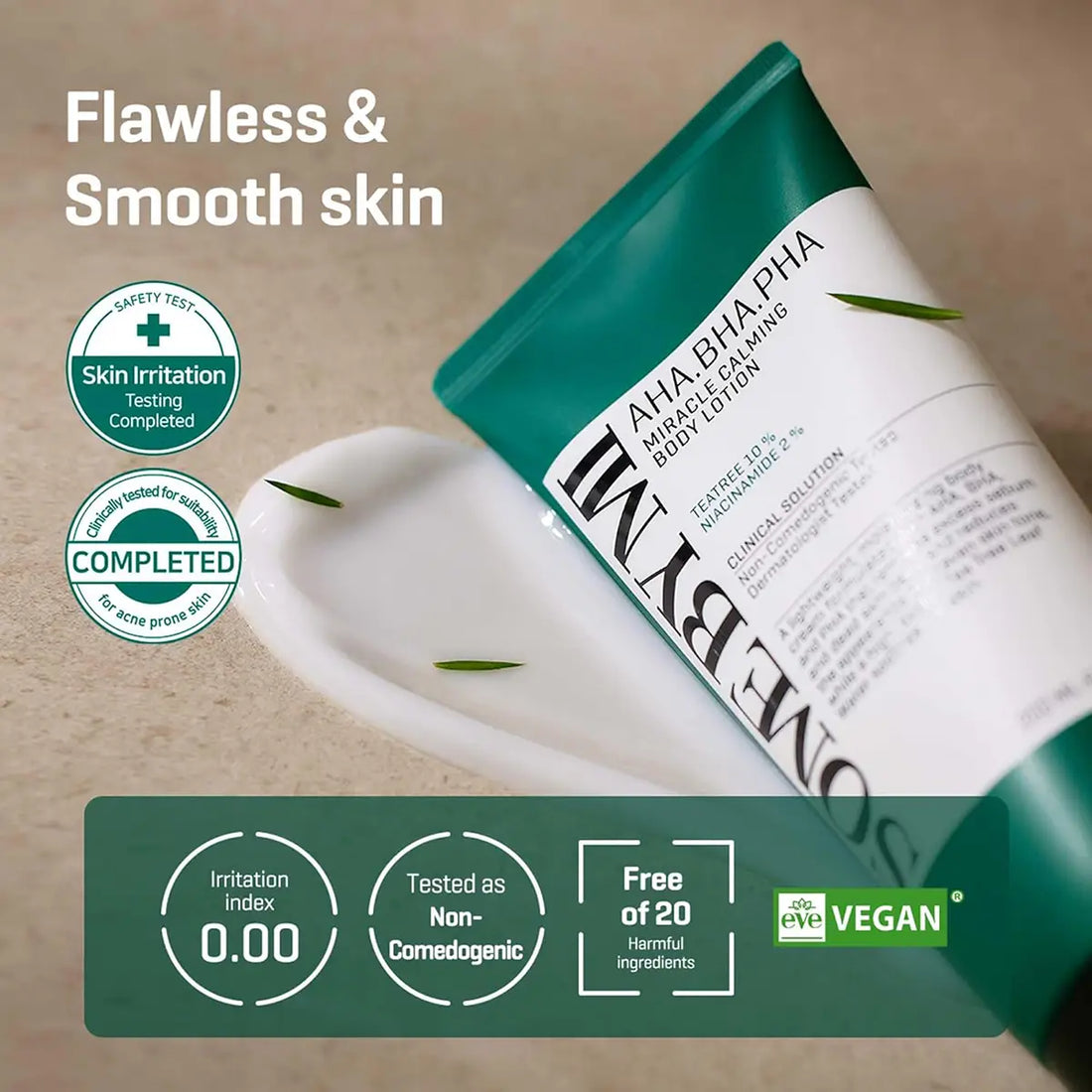 SOME BY MI AHA BHA PHA Miracle Calming Body Lotion 200mL with smooth skin benefits and safety tests.