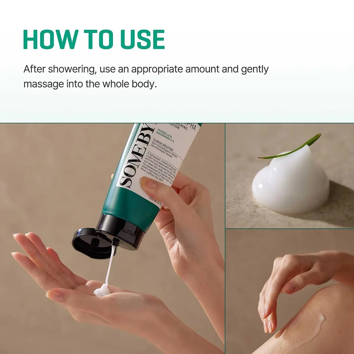 SOME BY MI AHA BHA PHA Miracle Calming Body Lotion 200mL on hand showing application instructions.