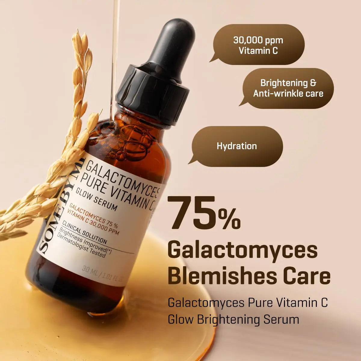 SOME BY MI Galactomyces Pure Vitamin C Glow Serum 30mL with 75% Galactomyces for brightening and hydration.