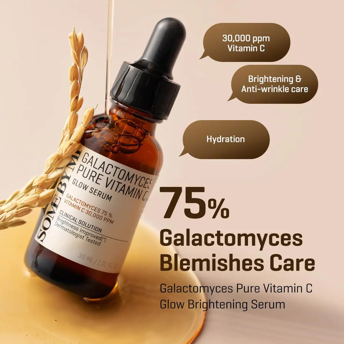 SOME BY MI Galactomyces Pure Vitamin C Glow Serum 30mL with 75% Galactomyces for brightening and hydration.