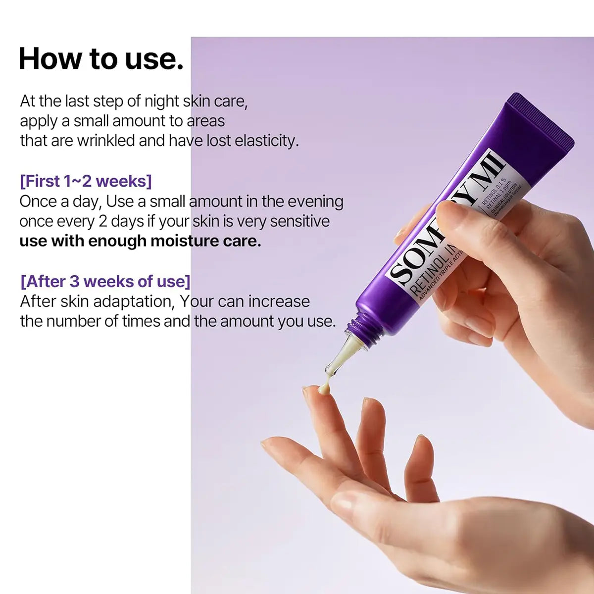 SOME BY MI Retinol Intense Advanced Triple Action Eye Cream 30mL application instructions for night skincare.