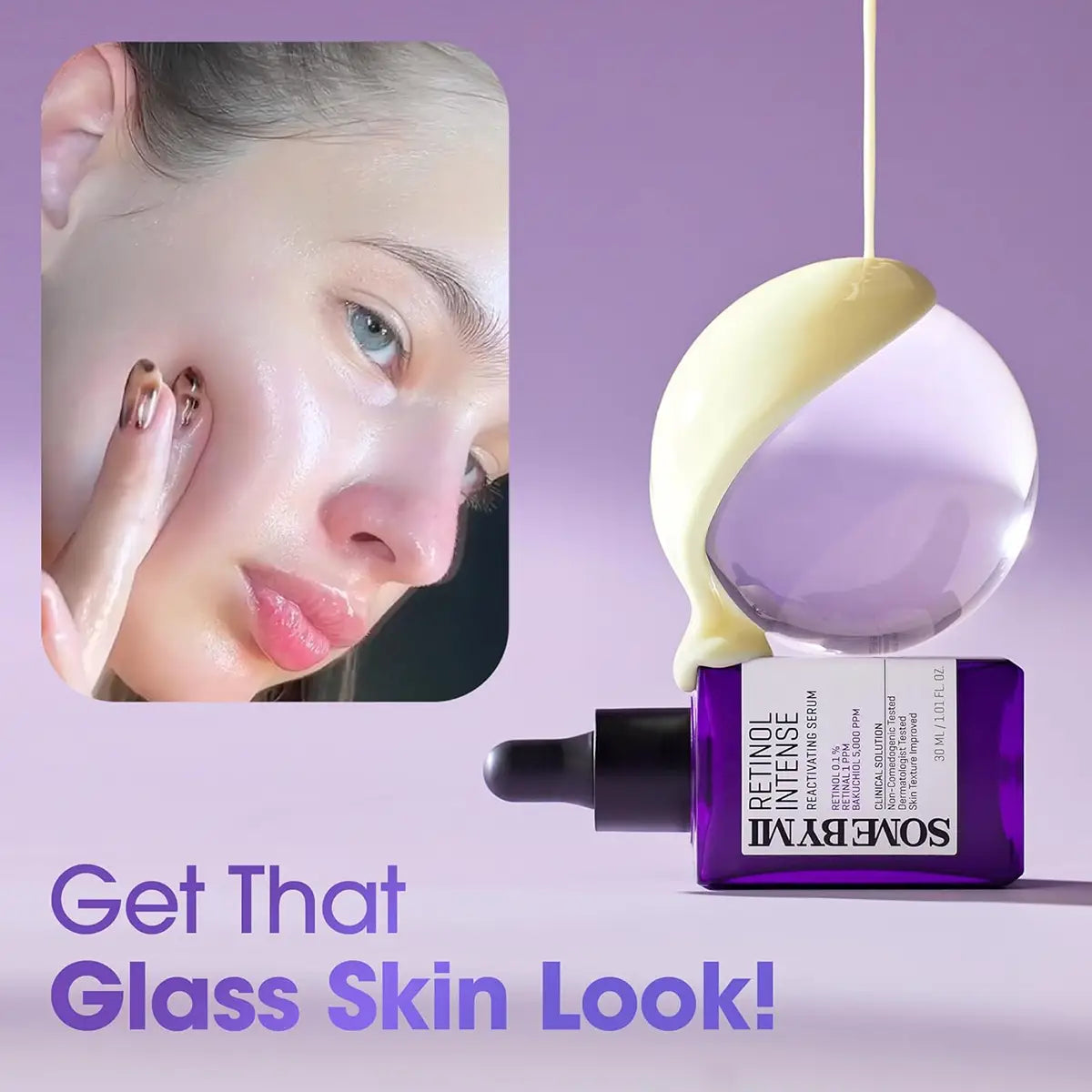 SOME BY MI Retinol Intense Reactivating Serum 30mL for achieving the glass skin look with a model applying the serum on her face.