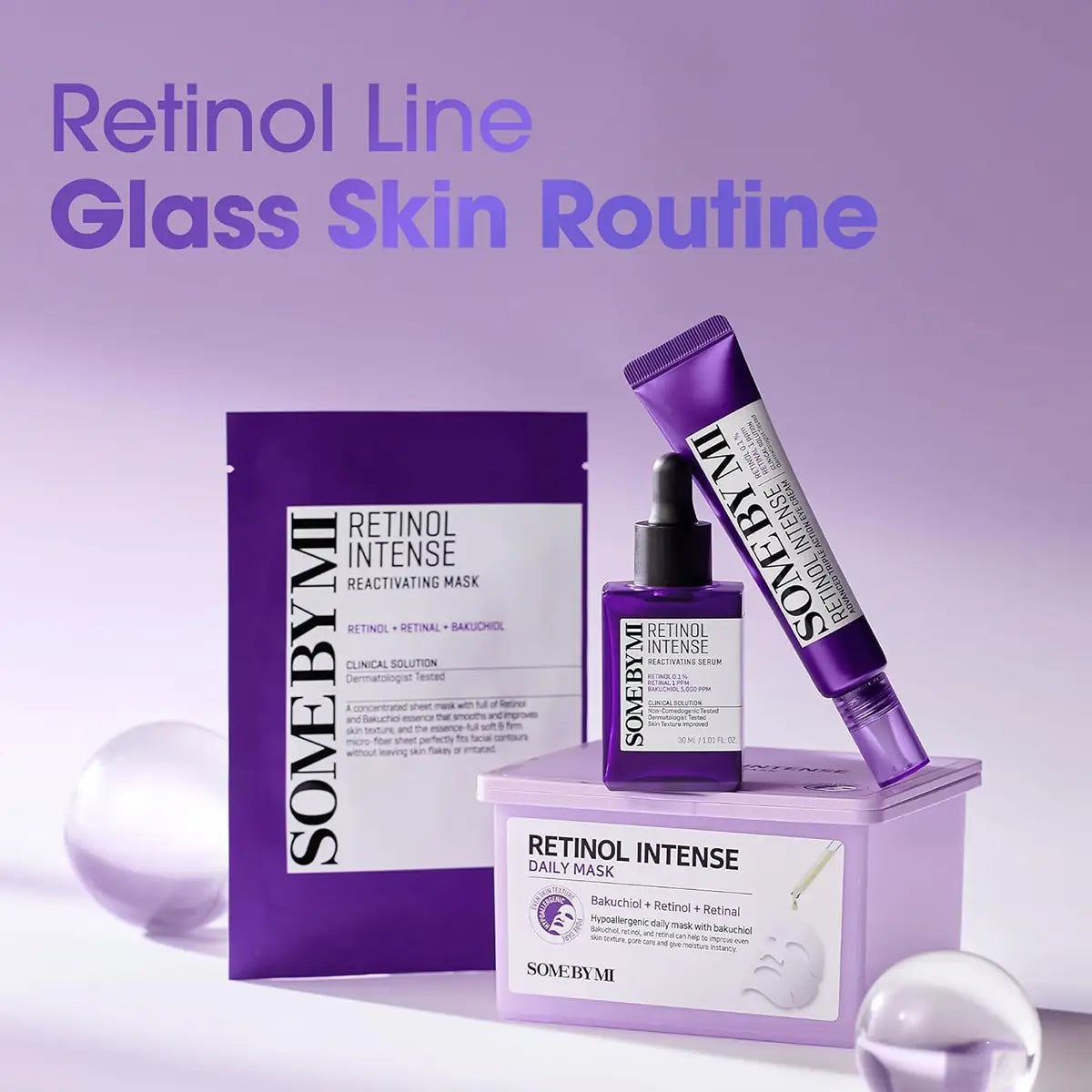 SOME BY MI Retinol Intense Reactivating Serum 30mL and other products in the Retinol Line Glass Skin Routine.