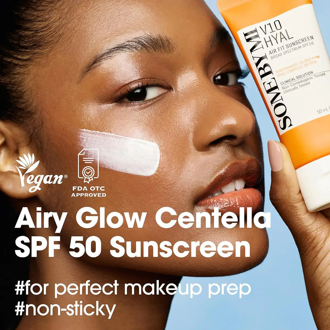 SOME BY MI V10 Hyal Air Fit Sunscreen SPF50 50mL applied on model showing non-sticky texture and hydration.