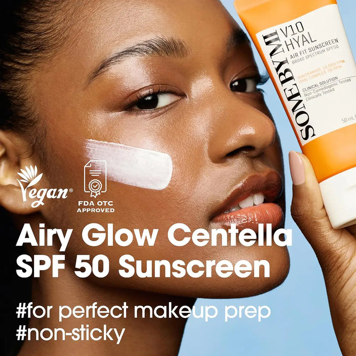 SOME BY MI V10 Hyal Air Fit Sunscreen SPF50 50mL applied on model showing non-sticky texture and hydration.