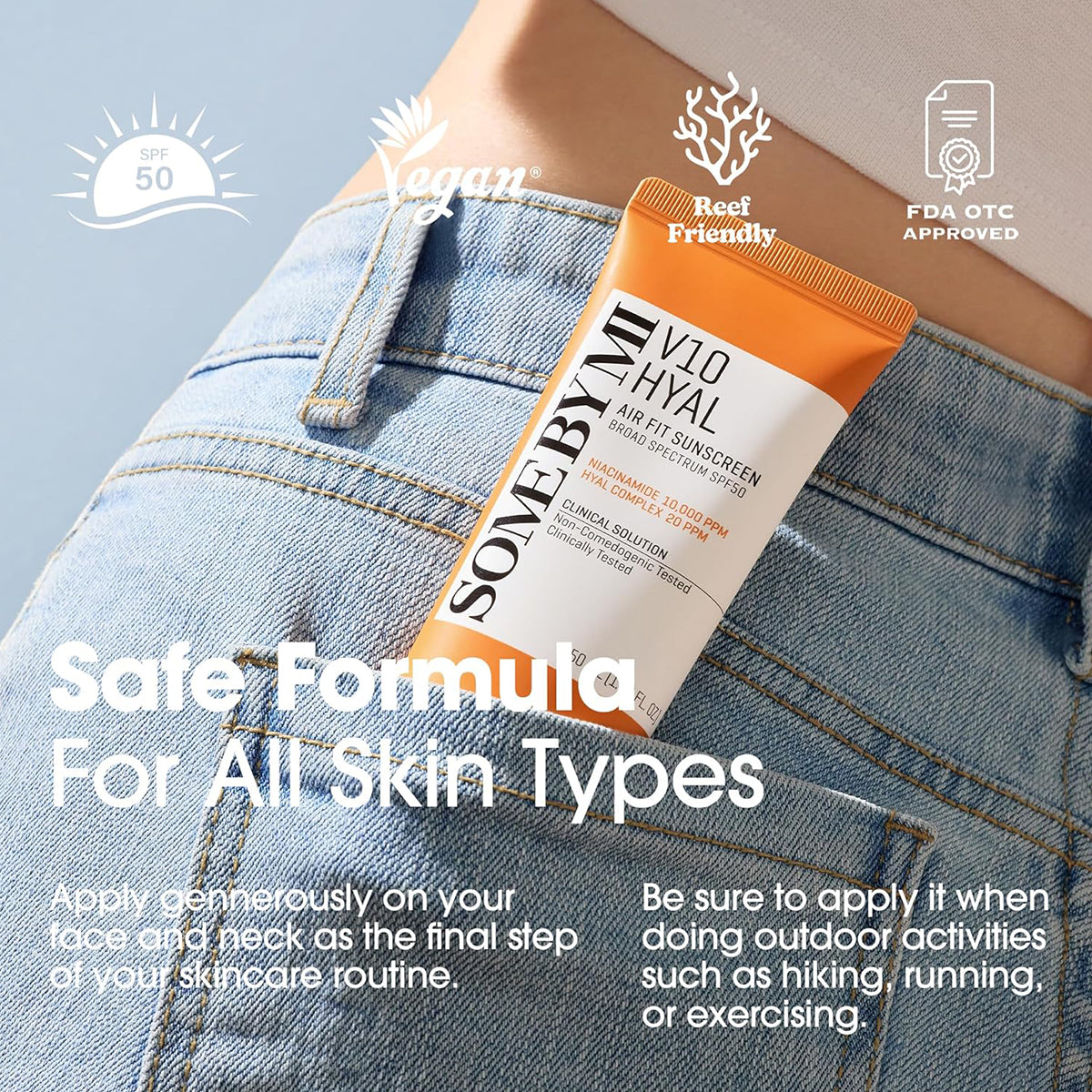 SOME BY MI V10 Hyal Air Fit Sunscreen SPF 50 – Lightweight Korean sunscreen with 10 vitamins and hyaluronic acid for sun protection and brightening. Safe