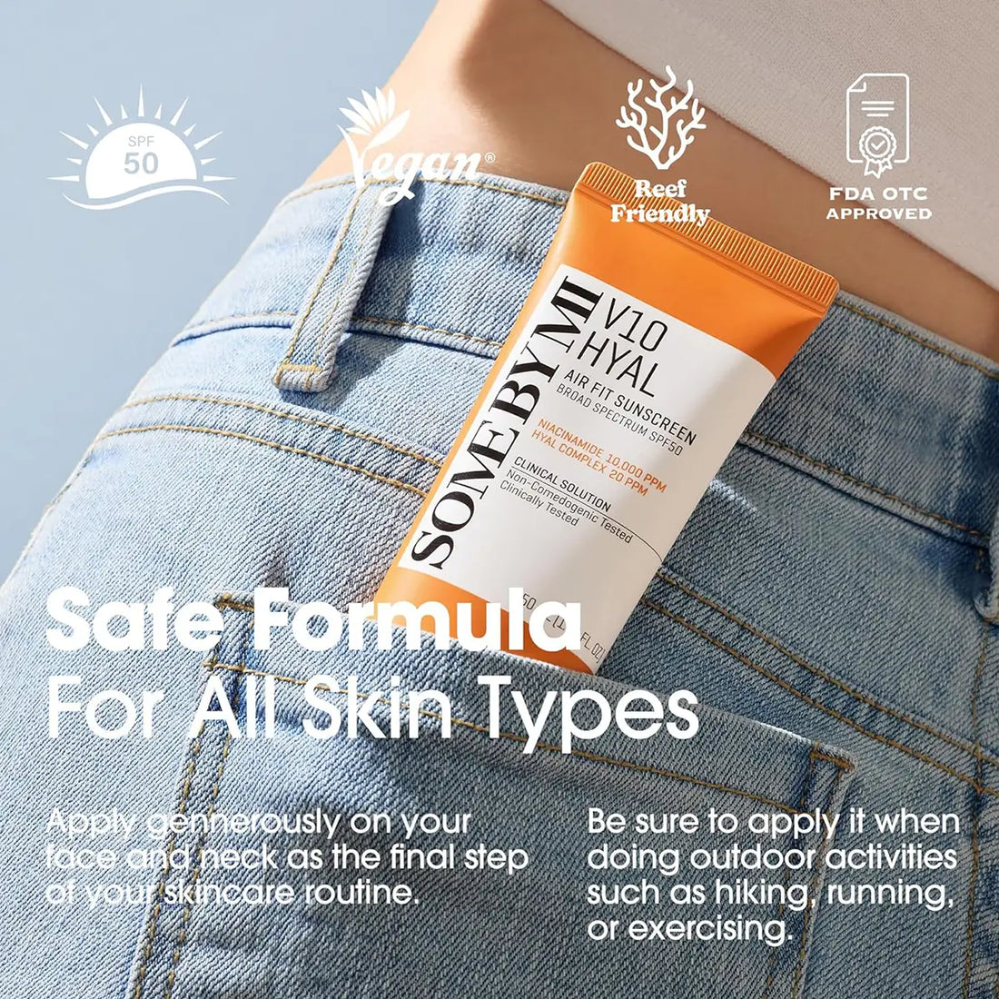 SOME BY MI V10 Hyal Air Fit Sunscreen SPF50 50mL in jeans pocket for all skin types