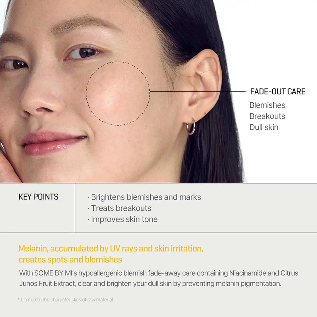 SOME BY MI Yuja Niacin 30 Days Miracle Brightening Toner 150mL model showing fade-out care benefits for clearer skin.