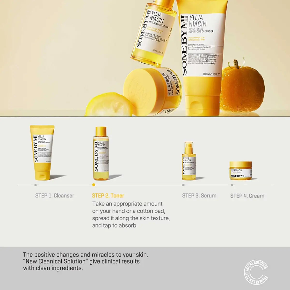 SOME BY MI Yuja Niacin 30 Days Miracle Brightening Toner 150mL and other skincare products in a bright display.