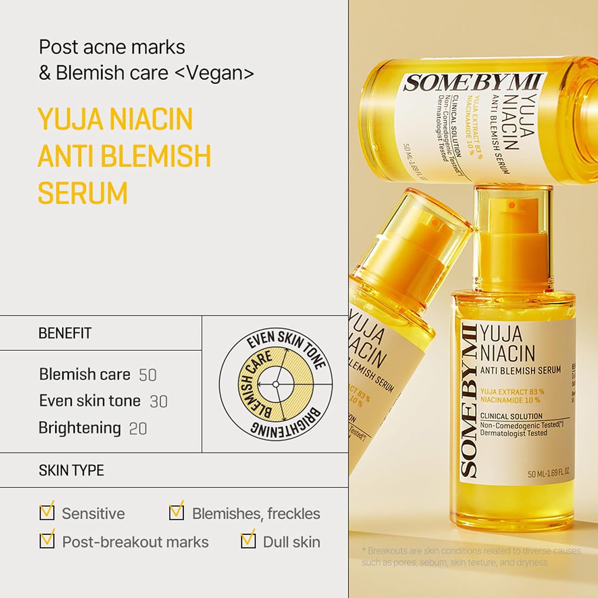 SOME BY MI Yuja Niacin Anti-Blemish Serum – Korean brightening serum with Vitamin C, Niacinamide, and Yuja for dark spot correction. Benefits