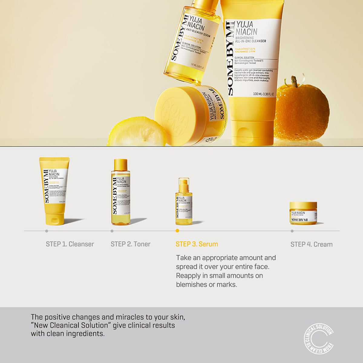 SOME BY MI Yuja Niacin Anti-Blemish Serum – Korean brightening serum with Vitamin C, Niacinamide, and Yuja for dark spot correction. Steps