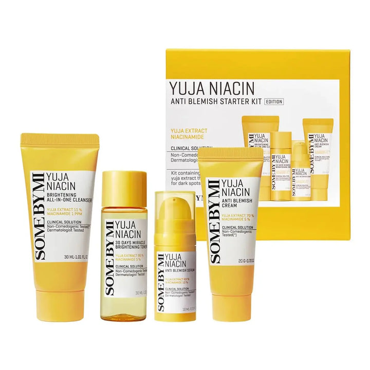 SOME BY MI Yuja Niacin Anti-Blemish Starter Kit 4Pcs with brightening toner, serum, gel cream, and sleeping mask.