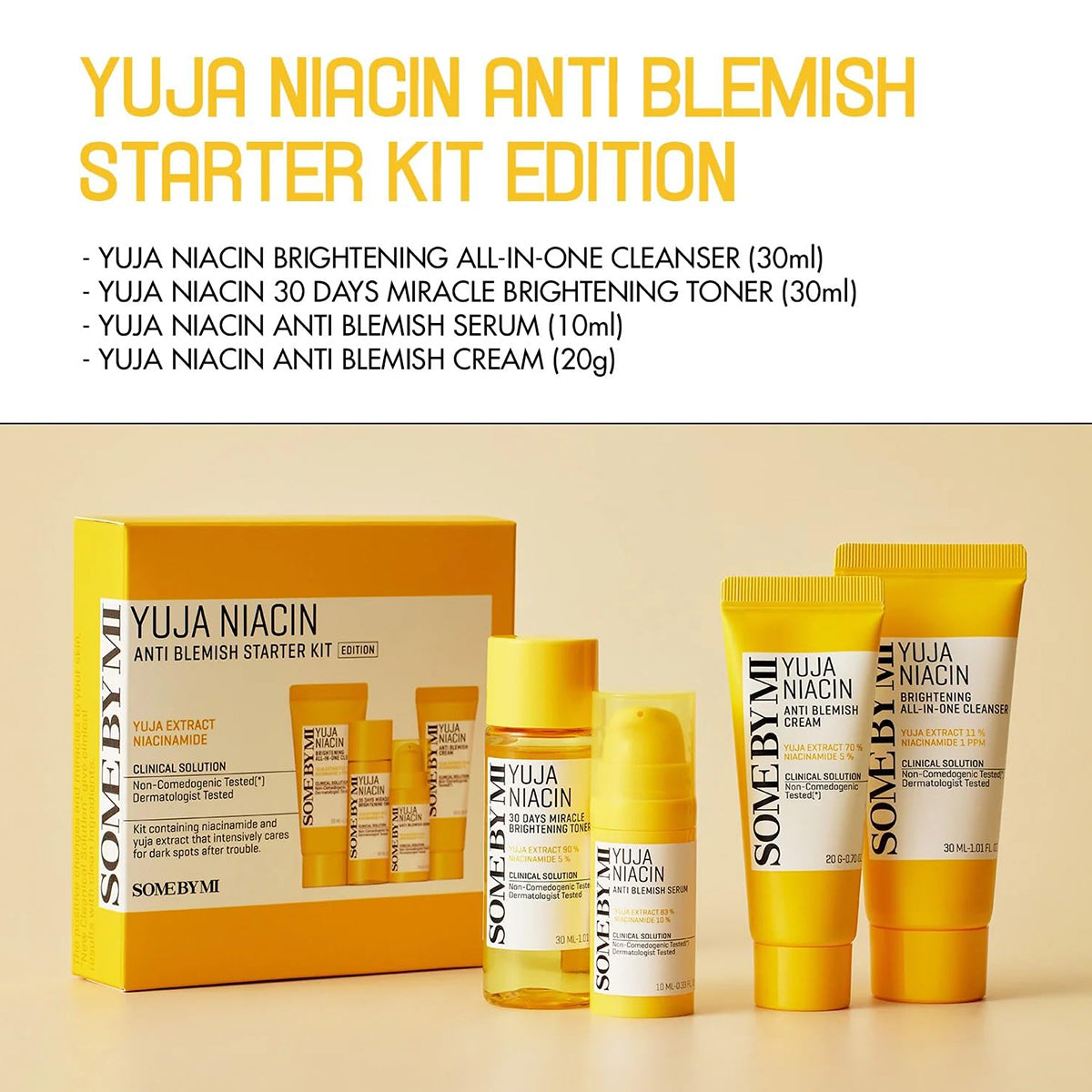 SOME BY MI Yuja Niacin Anti-Blemish Starter Kit – 4-step Korean brightening skincare routine for dark spots and glowing skin. Contents