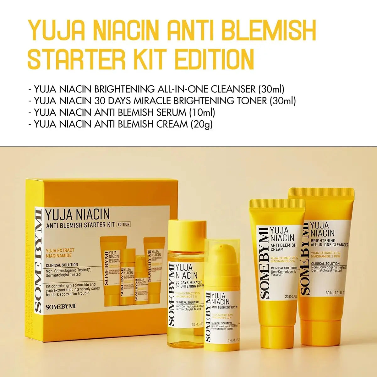 SOME BY MI Yuja Niacin Anti-Blemish Starter Kit 4Pcs including toner, serum, cream, and cleanser.