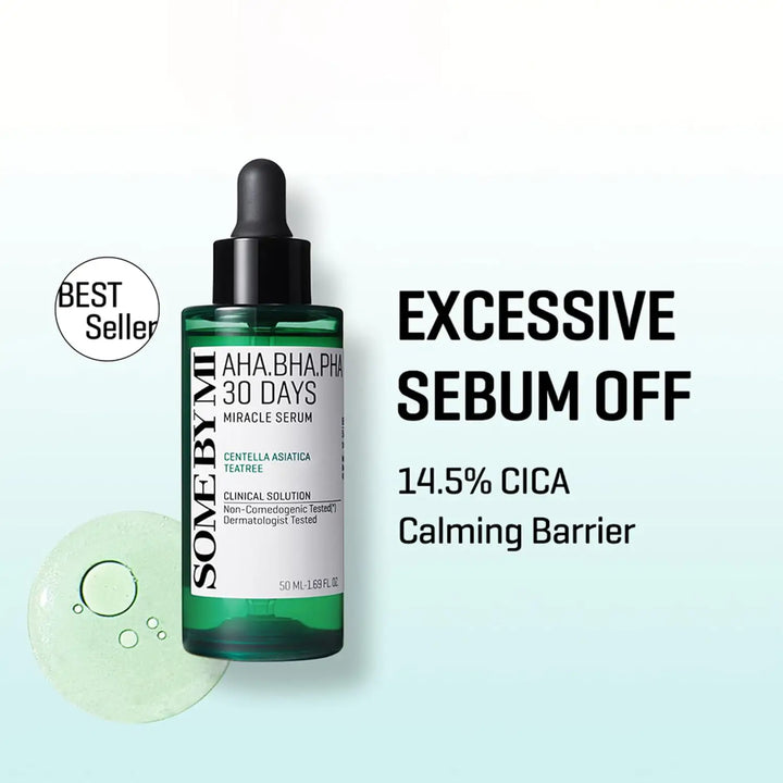 SOME BY MI AHA BHA PHA 30 Days Miracle Serum 50mL packaging showcasing its calming and sebum-controlling benefits.