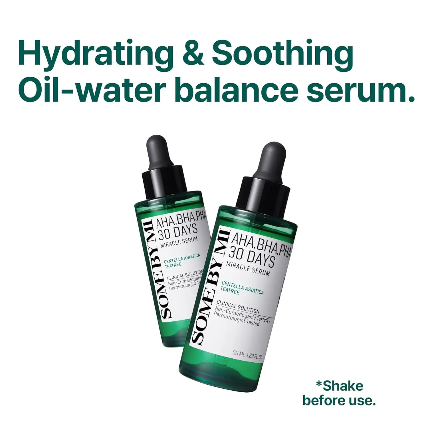 SOME BY MI AHA BHA PHA 30 Days Miracle Serum 50mL bottles on a white background, promoting oil-water balance.