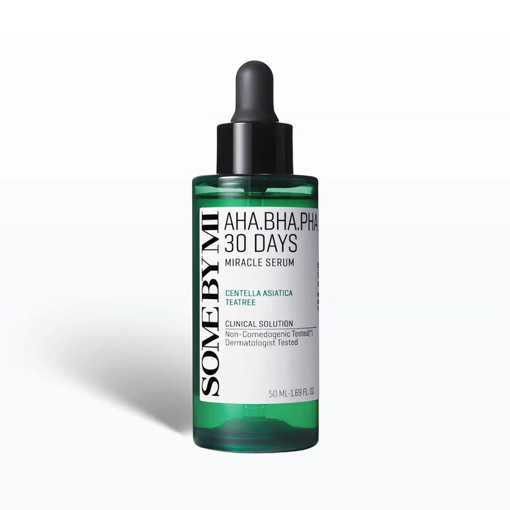 SOME BY MI AHA BHA PHA 30 Days Miracle Serum 50mL in a green bottle with dropper for skincare.