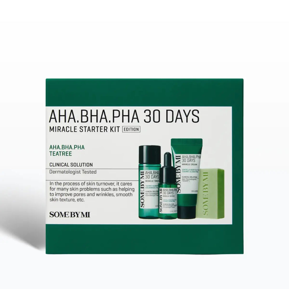 SOME BY MI AHA BHA PHA 30 Days Miracle Starter Kit with cleansing bar, toner, and serum for troubled skin.