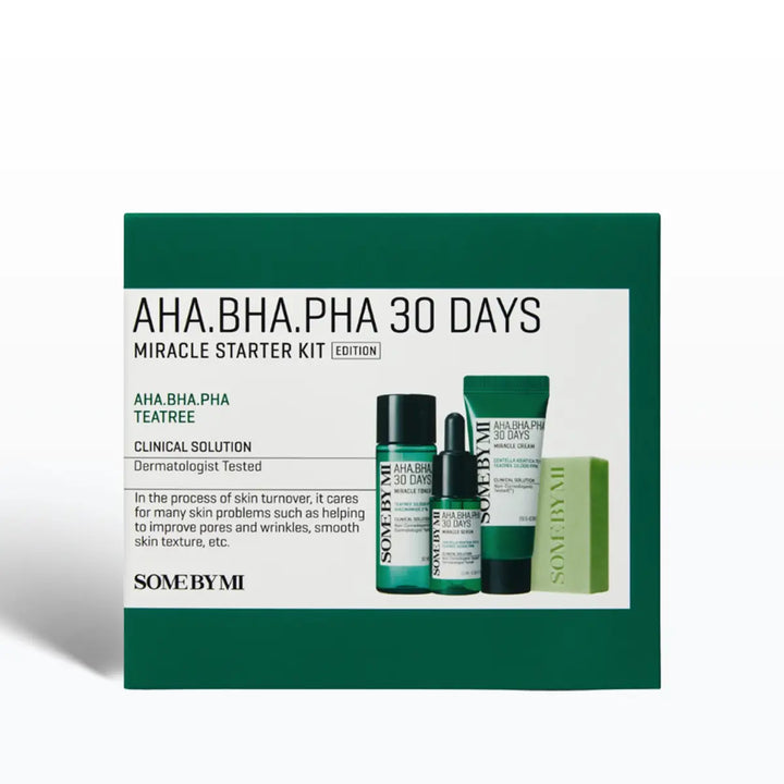 SOME BY MI AHA BHA PHA 30 Days Miracle Starter Kit with cleansing bar, toner, and serum for troubled skin.