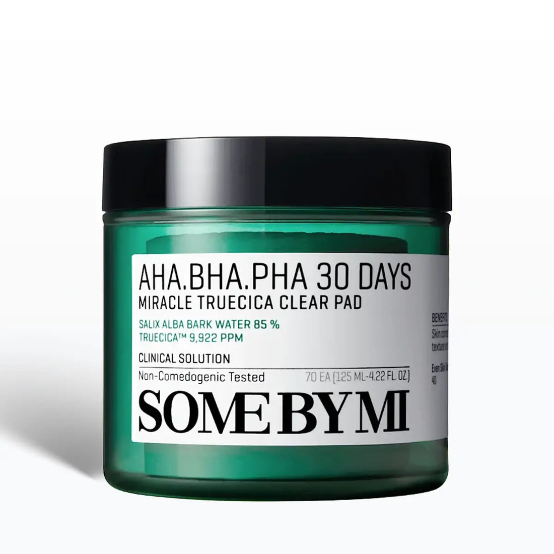 SOME BY MI AHA BHA PHA 30 Days Miracle Truecica Clear Pad 70 Pads 125mL in a green jar, designed for clear and balanced skin.