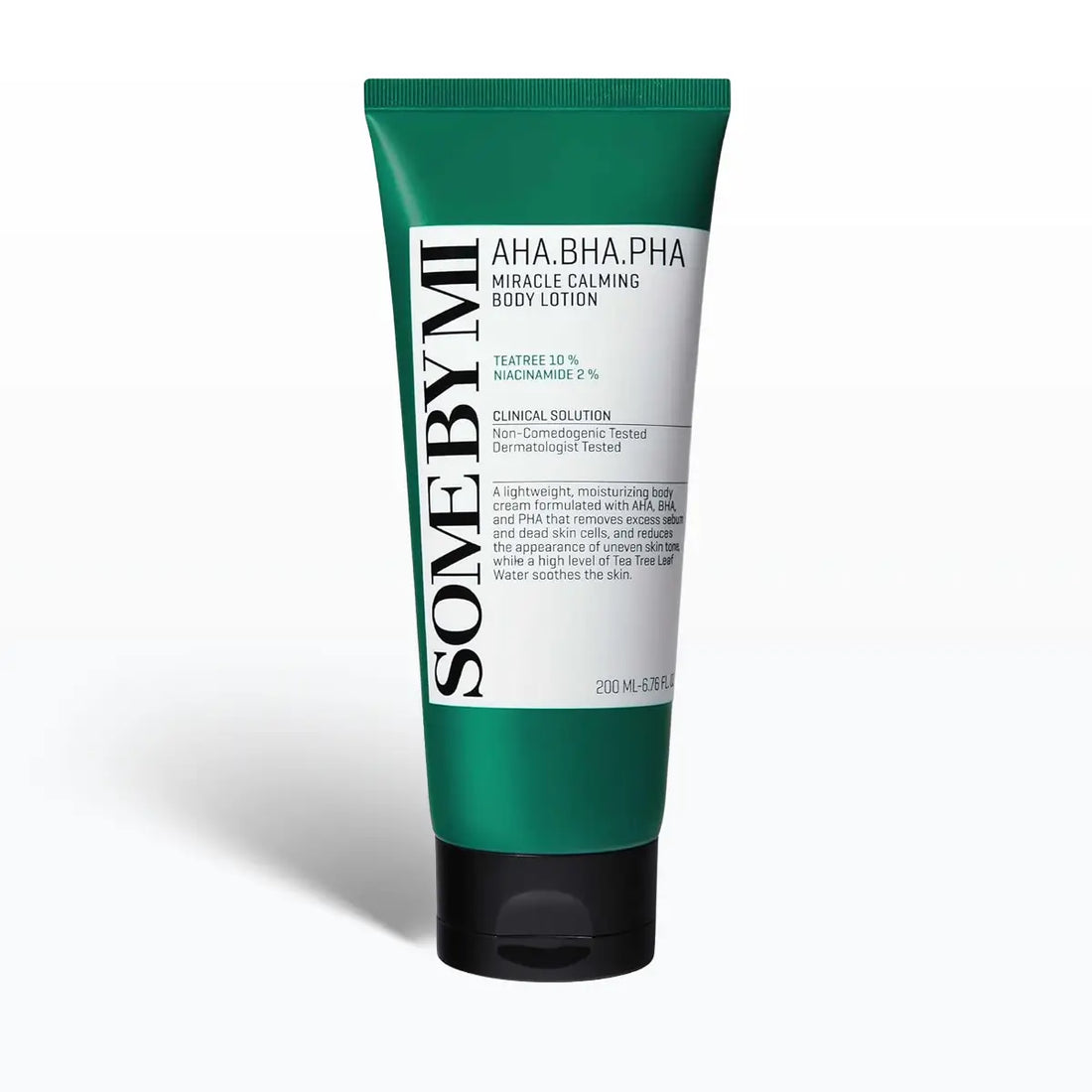 SOME BY MI AHA BHA PHA Miracle Calming Body Lotion 200mL tube for soothing and renewing skin.