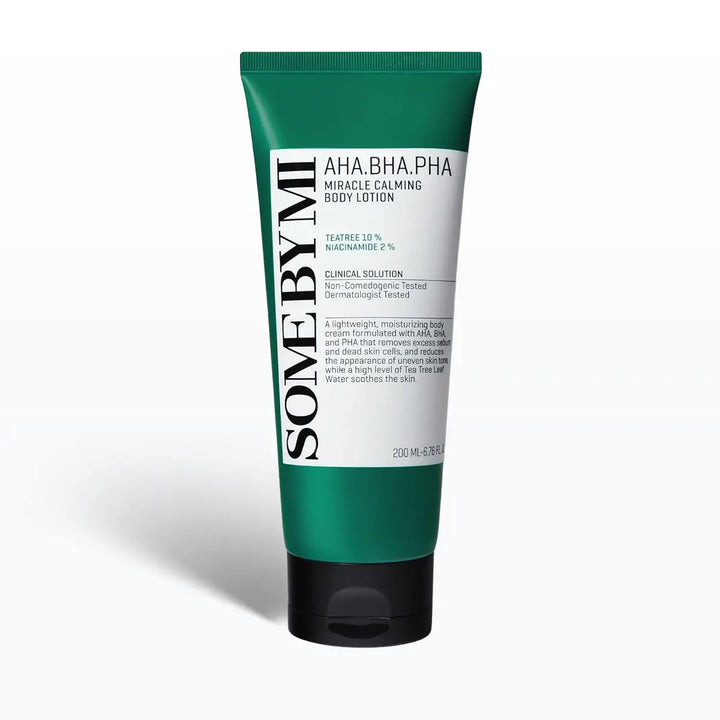 SOME BY MI AHA BHA PHA Miracle Calming Body Lotion 200mL tube for soothing and renewing skin.