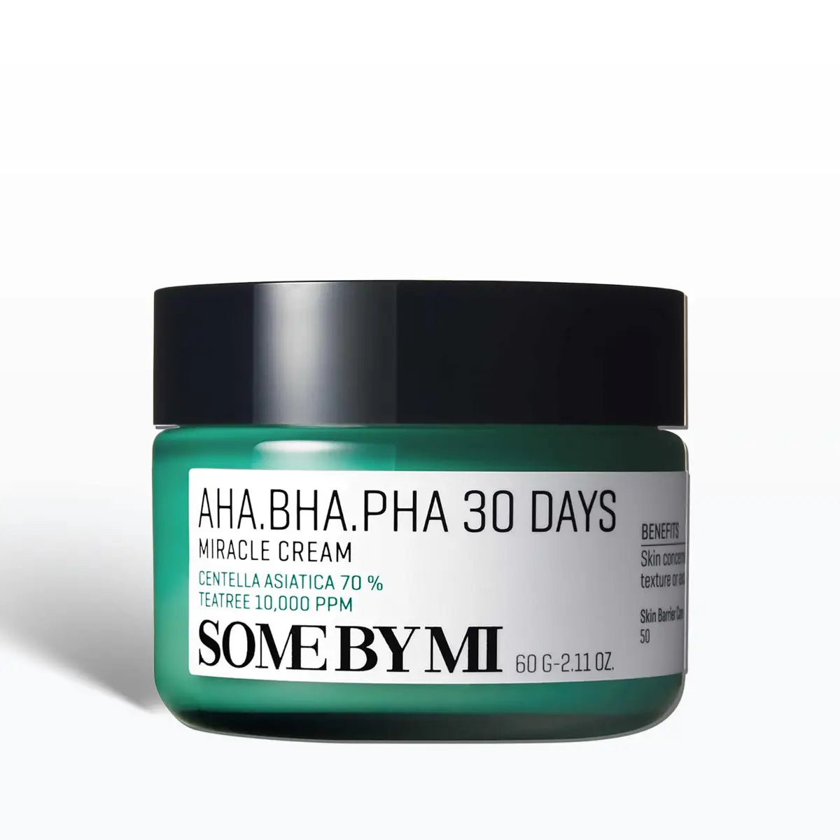 SOME BY MI AHA BHA PHA Miracle Cream 60g jar with label highlighting benefits for clearer skin.