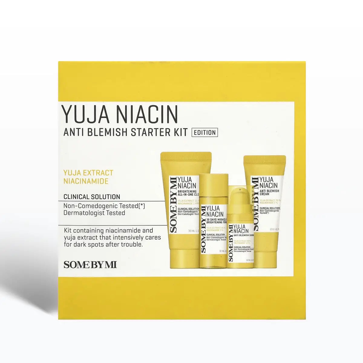 SOME BY MI Yuja Niacin Anti-Blemish Starter Kit 4Pcs with brightening toner, serum, gel cream, and sleeping mask.