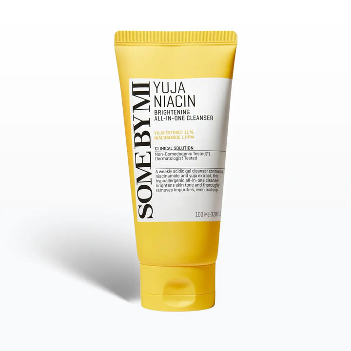 SOME BY MI Yuja Niacin Brightening All-In-One Cleanser 100mL tube on a white background.