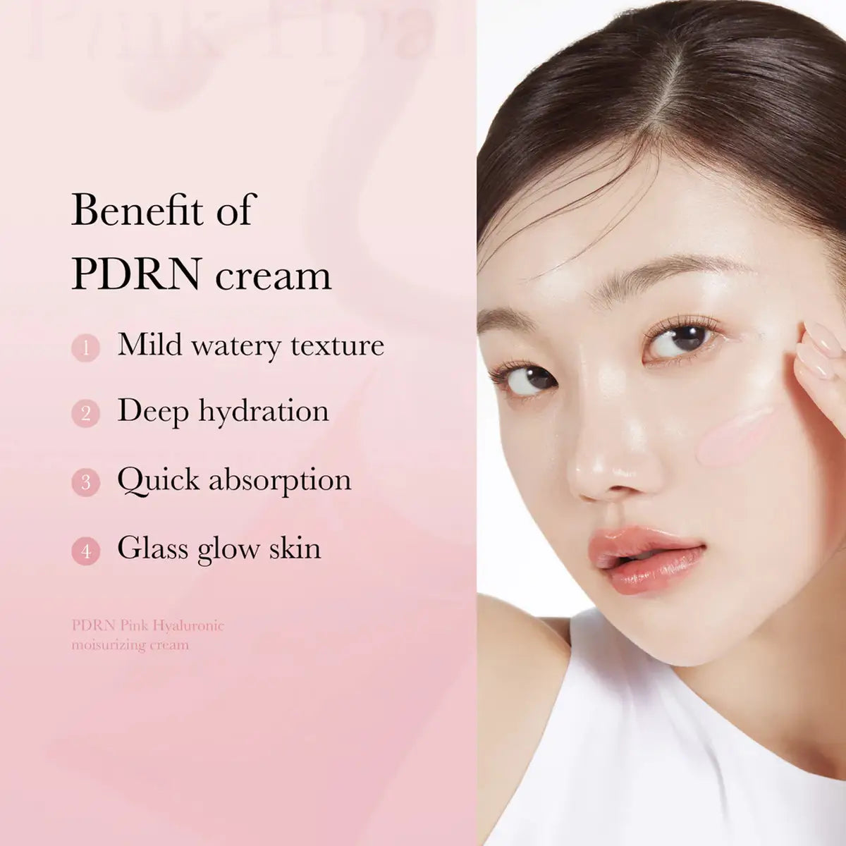 Woman applying PDRN cream with text highlighting benefits on a pink background