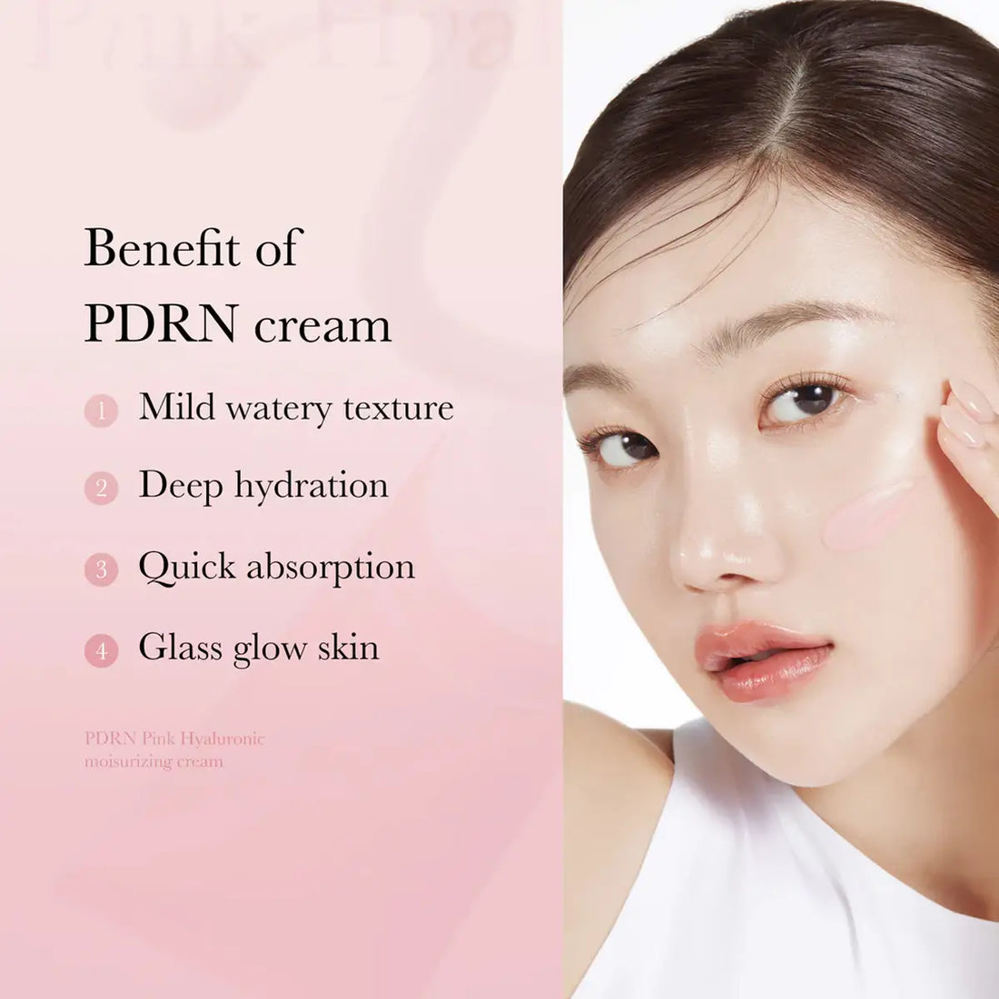 Woman applying PDRN cream with text highlighting benefits on a pink background