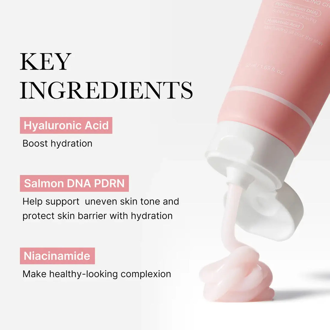 Tube of skincare product with key ingredients listed on a white background