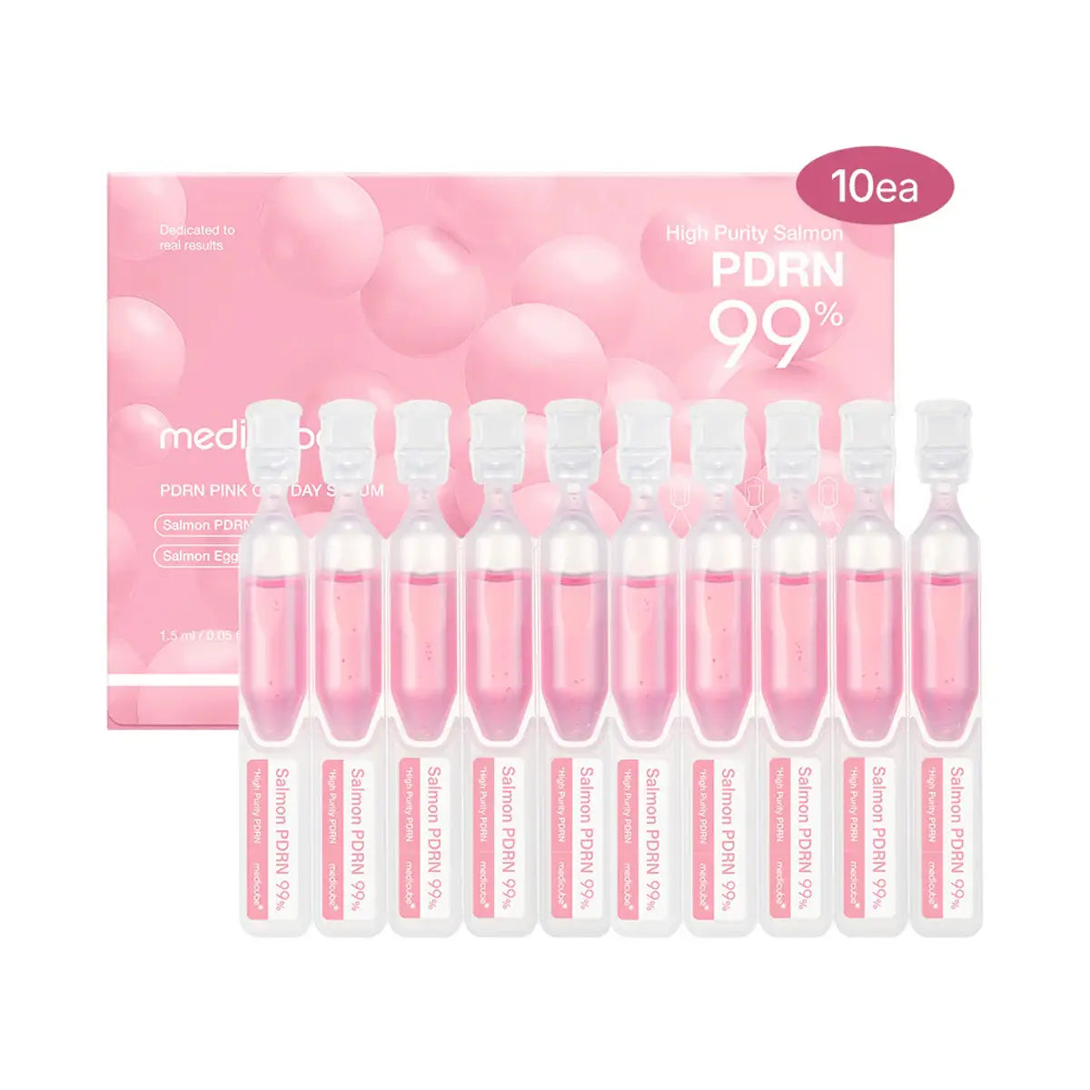 Set of skincare serum bottles with pink liquid and packaging on a white background