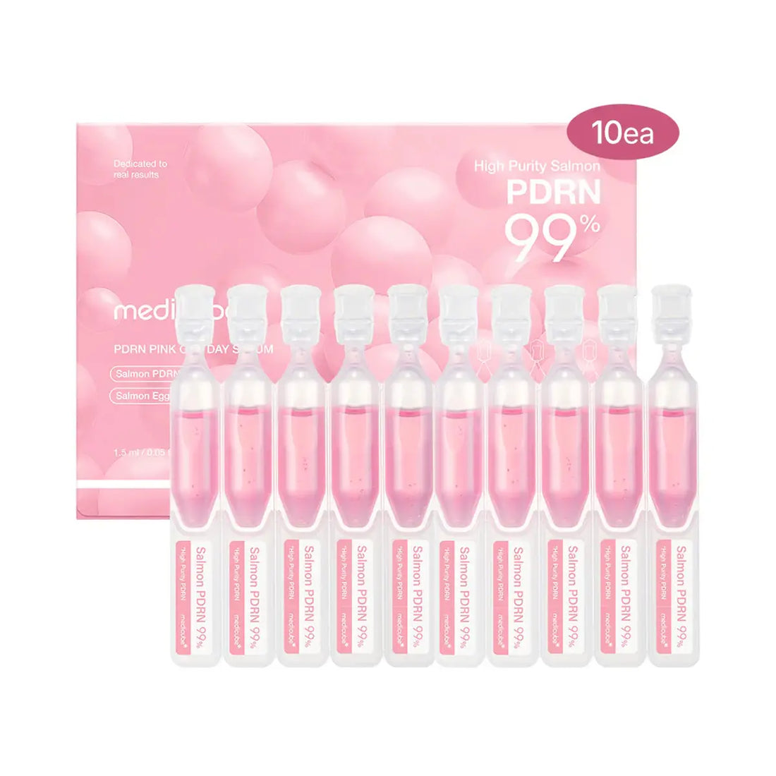 Set of skincare serum bottles with pink liquid and packaging on a white background