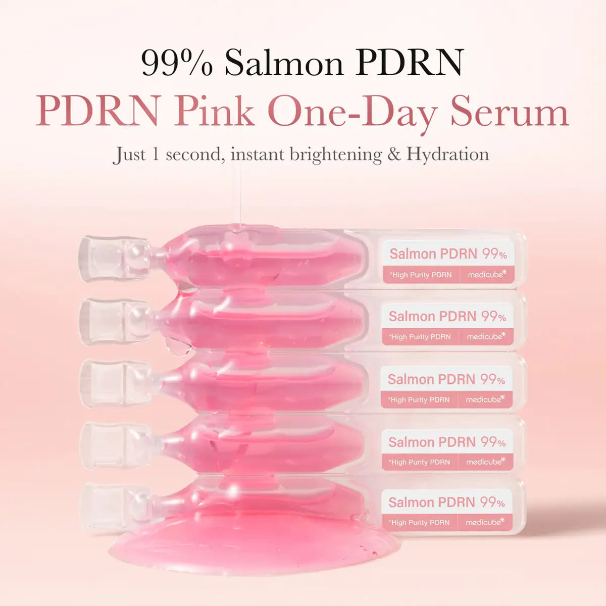 PDRN Pink One-Day Serum packaging with text on a pink background