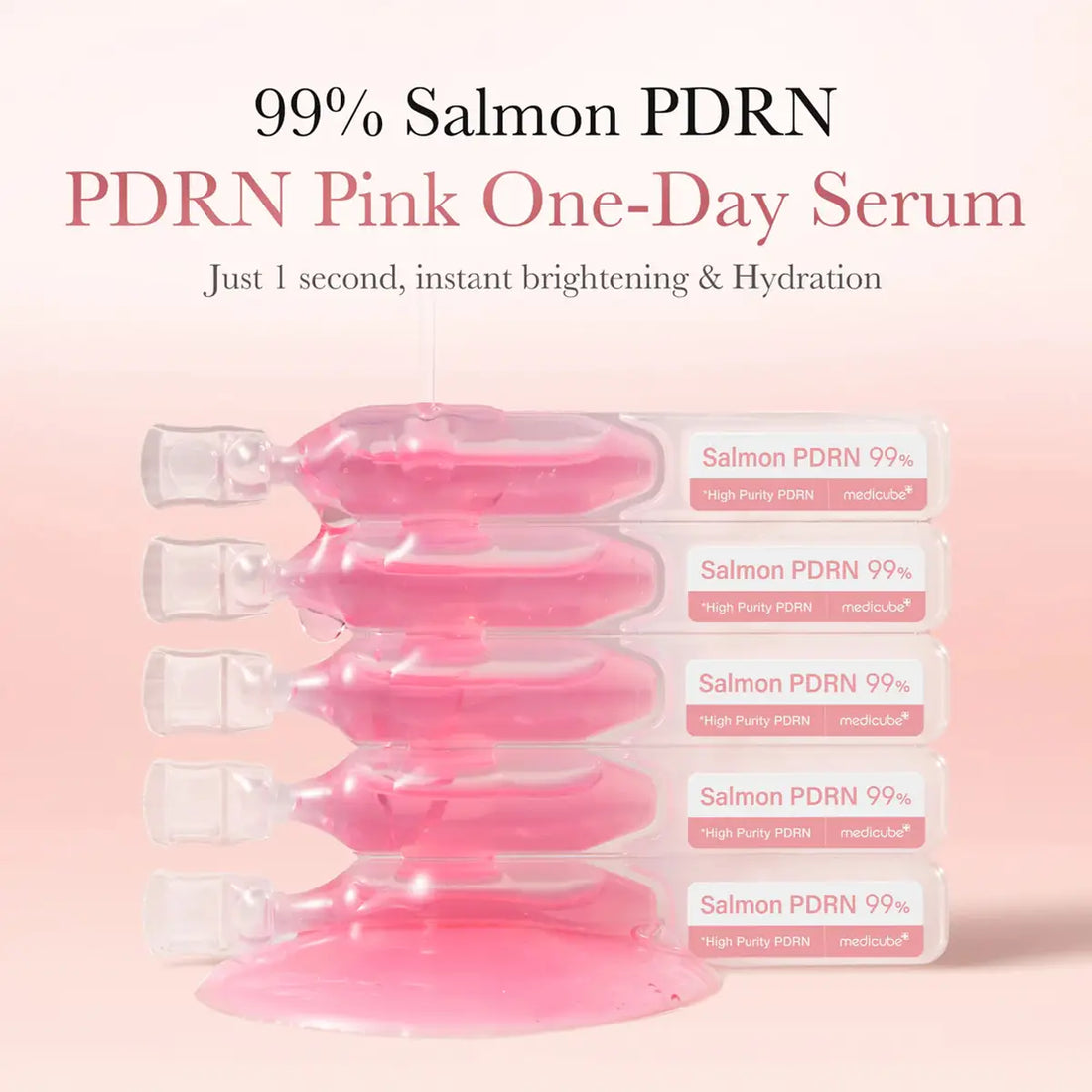 PDRN Pink One-Day Serum packaging with text on a pink background