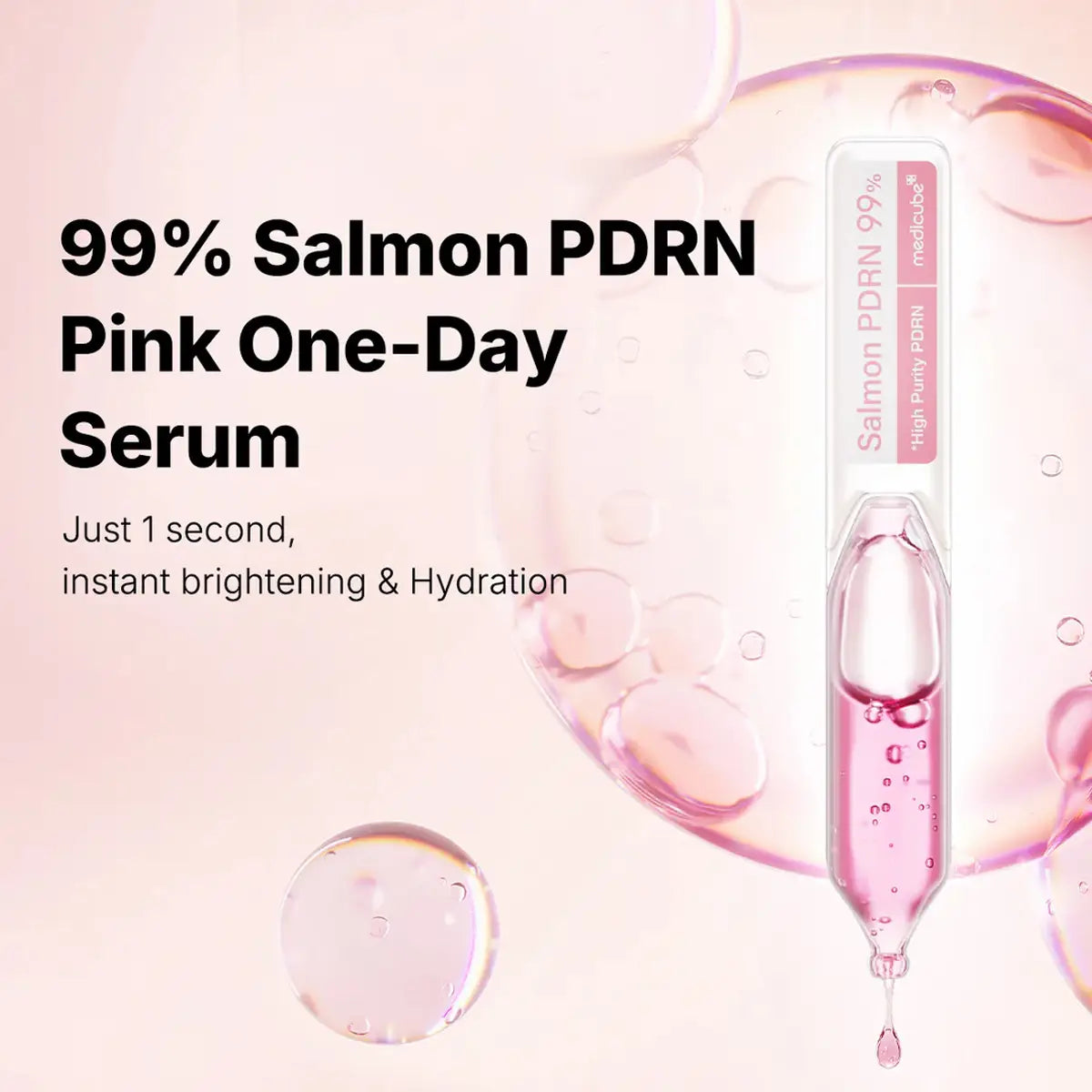 Pink serum bottle with dropper on a light pink background, featuring text about Salmon PDRN.