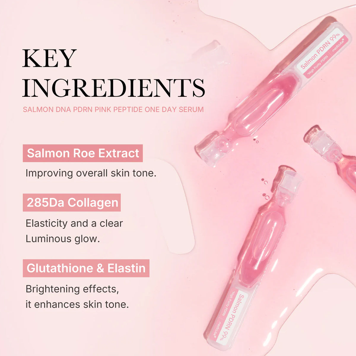 PDRN Pink serum with key ingredients listed on a pink background